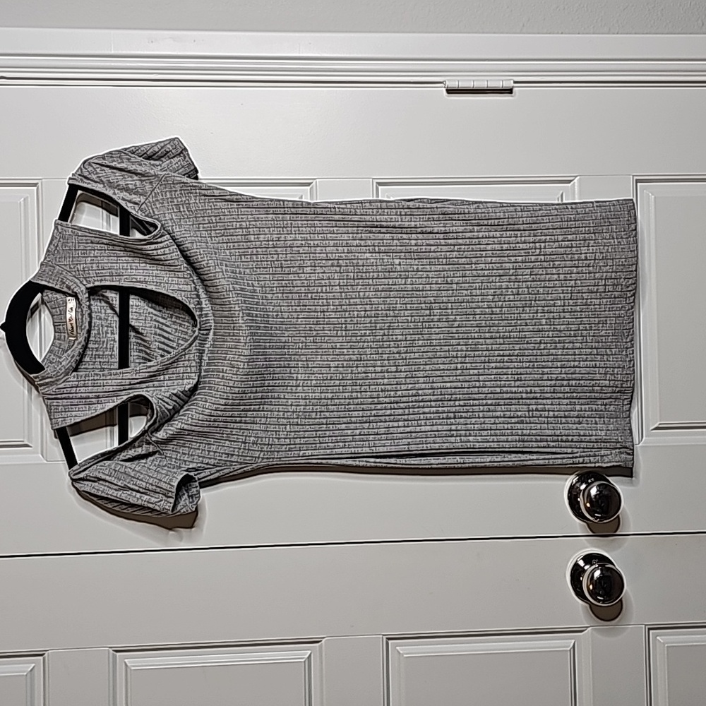 Cold Shoulder Gray Sweater Dress With Keyhole Neck